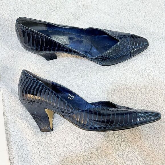 Vtg J Renee Womens Navy Blue Pump Heels 6M Snakeskin Stiletto Pointed Toe 90s - Picture 3 of 14